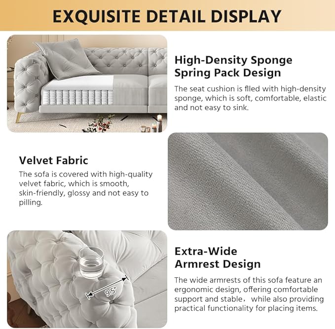 97.7'' Velvet Pull Out Sofa Bed King with Ottoman 3-in-1 Convertible Sleeper Sofa Couch Modern Tufted Deep Seat Couch with Pillows Comfy Couches for Living Room Light Grey