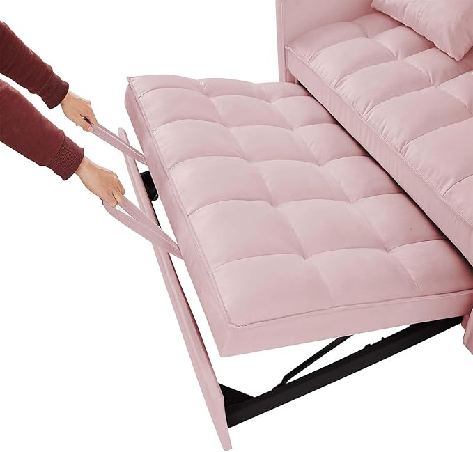 Sleeper Sofa Couch w/Pull Out Bed 53 Modern Velvet Convertible Sleeper Sofa Bed Small Love seat Sofa Bed with 2 Pillows &amp Side Pockets for Small Space Living Room Apartment Pink