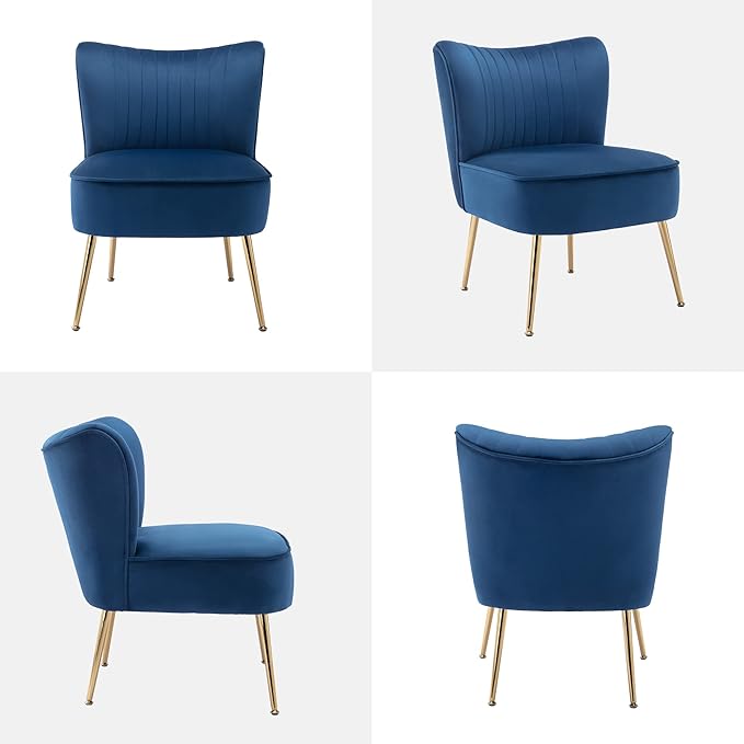KCC Modern Velvet Upholstered Accent Chair Set of 2Mid Century Living Room Chairs with Golden LegsComfy Armless Chair Wingback Single Sofa Side Chair for BedroomBlue