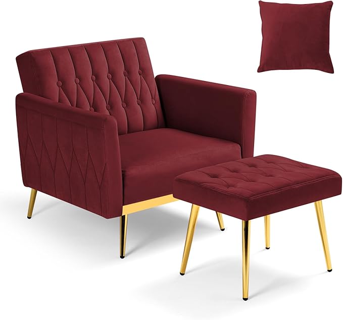 Velvet Accent Chair with Adjustable Armrests and Backrest Button Tufted Lounge Chair Single Recliner Armchair with Ottoman and Pillow for Living Room Bedroom Red