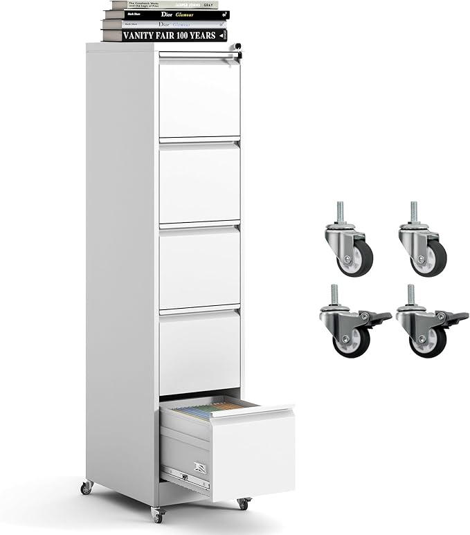 5 Drawer Mobile File Cabinet Metal Filing Cabinet with Lock and Wheels Home Office Rolling File Cabinets for Legal/Letter Hanging File Folders Un-Assembled (White)