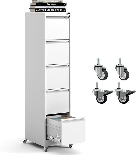 5 Drawer Mobile File Cabinet Metal Filing Cabinet with Lock and Wheels Home Office Rolling File Cabinets for Legal/Letter Hanging File Folders Un-Assembled (White)