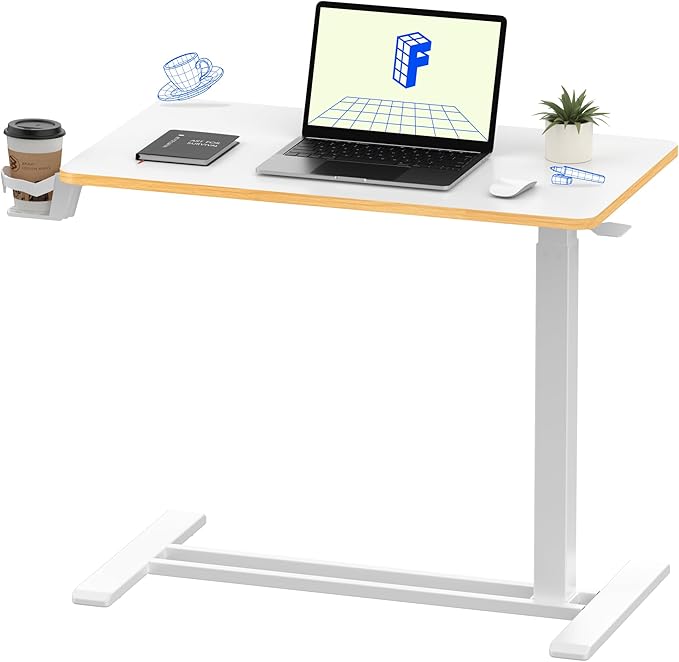 FLEXISPOT H7 Adjustable Overbed Bedside Table with Wheels Pneumatic Mobile Standing Laptop Desk Rolling Computer Cart Movable Overbed Table Hospital Home Use (31.5 W x 17.7 D White Maple Large)