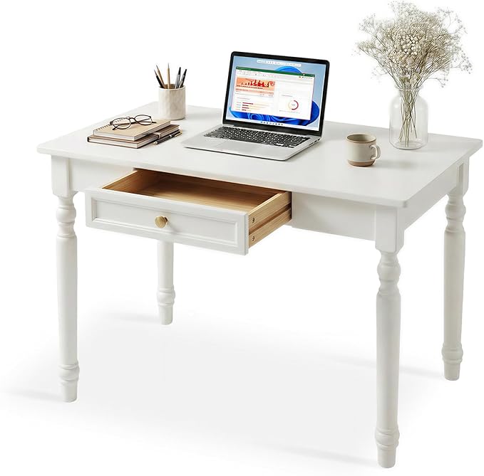 Farmhouse French Country Writing Desk with Drawers – Solid Wood Computer Desk for Home Office Bedroom &amp Study Workspace Compact Rustic Wood Table (Ivory White 31 * 30 * 24in)