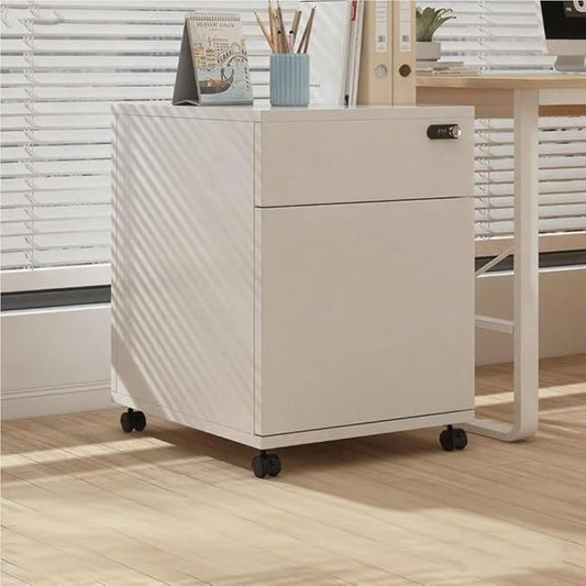 Mobile File Cabinet Under Desk 2-Tier Rolling Filing Cabinet with Lock Vertical Wood Locking Cabinet Storage Drawers for Home Office Living Room(White)