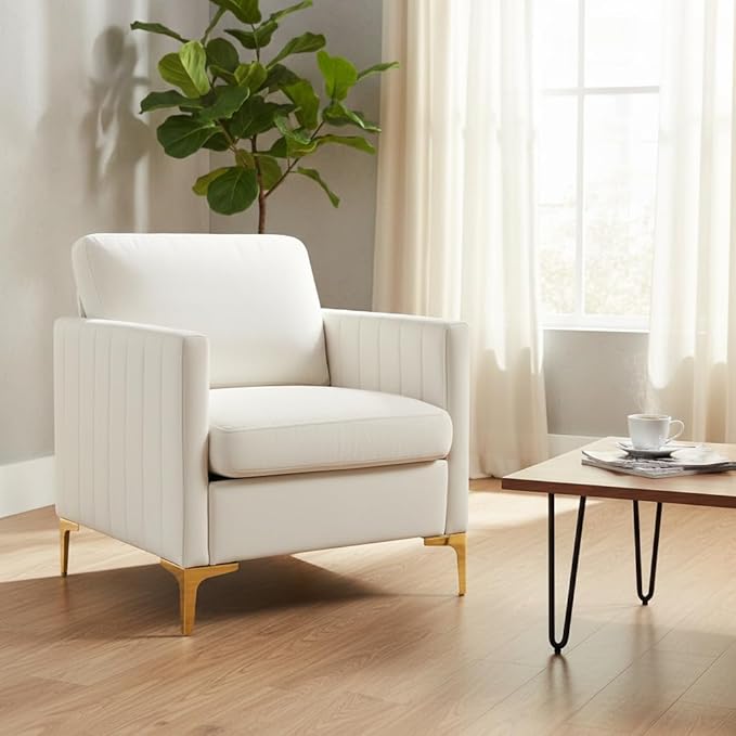 Velvet Accent Chair Modern Accent Chair with Gold Metal Legs Upholstered Reading Armchair Small Sofa Chair for Living Room Bedroom Office (Beige)
