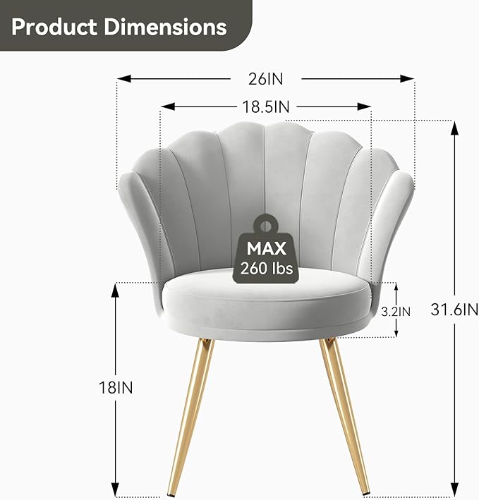 Velvet Accent Chair with Gold Metal Legs Vanity Chair for Makeup Room Upholstered Guest Chair for Living Room for Bedroom Grey
