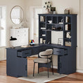 Polibi L-Shaped Computer Desk with Storage - 2-in-1 Design with 2 Drawers and 2 Cabinets 11 Open Shelves &amp Power Outlet for Home Office Study Room Antique Blue