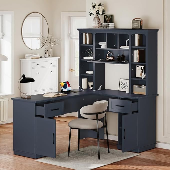 Polibi L-Shaped Computer Desk with Storage - 2-in-1 Design with 2 Drawers and 2 Cabinets 11 Open Shelves &amp Power Outlet for Home Office Study Room Antique Blue