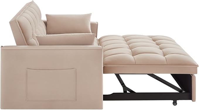 KEIKI Velvet Loveseat Convertible Sofa Bed Sleeper Chair with Adjustable Backrest Pillows &amp Storage Pockets 3 in 1 Pull-Out Couch Chaise Lounge Recliner for Living Room Balcony Bedroom Taupe