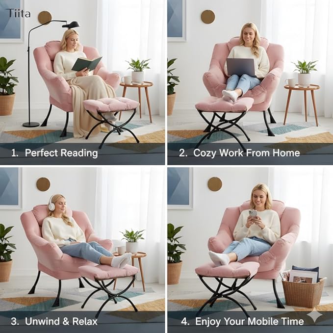 Tiita Lazy Chair with Ottoman Pink Modern Large Accent Chair Comfy Leisure Sofa Armchair with Ottoman Reading Chair with Footrest for Bedroom Living Room Dorm Rooms Velvet Pink