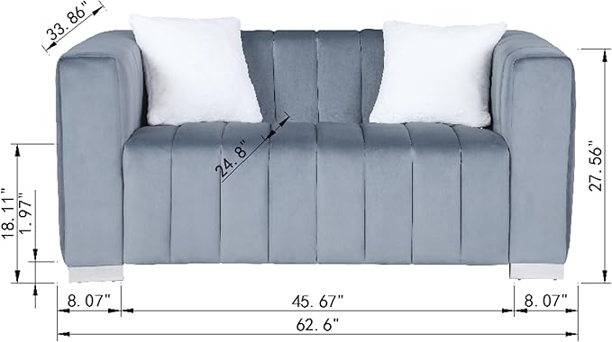 63'' Modern Premium Velvet 2-Seater Couch/Loveseat Sofa with Metal Base Legs and 2 Pillows for Living Room/Bedroom