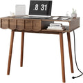 Pekdi Mid Century Modern Desk Modern Home Office Writing Desk with Open Storage Cubby and Small Drawer for Bedroom Small Space Walnut