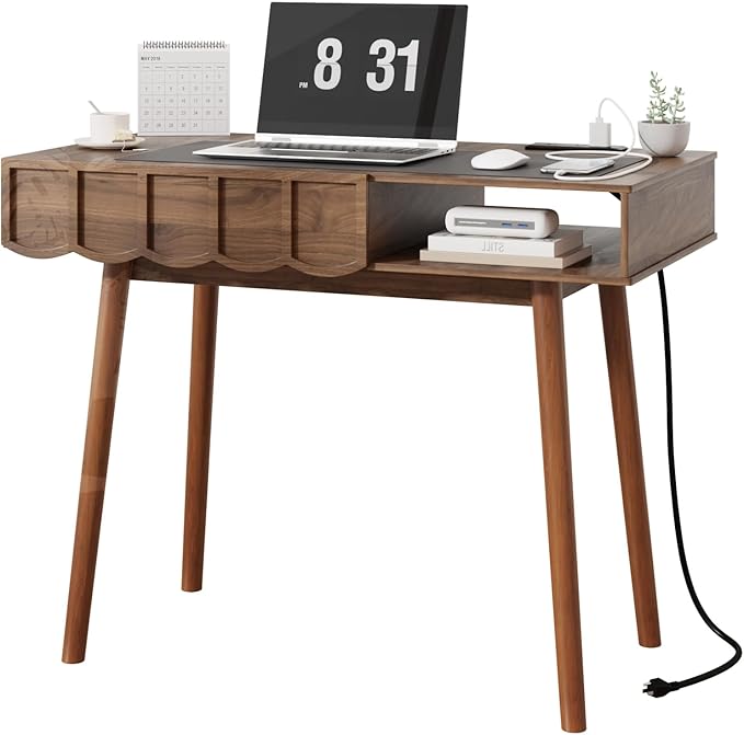 Pekdi Mid Century Modern Desk Modern Home Office Writing Desk with Open Storage Cubby and Small Drawer for Bedroom Small Space Walnut
