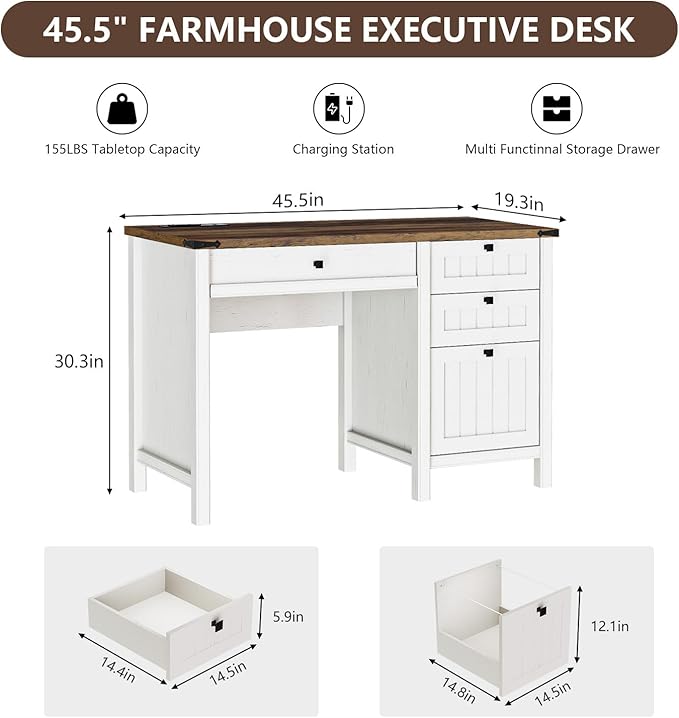Farmhouse Executive Desk 45 inch Computer Desk with 4 Drawers Smart Charging Station Home Office &amp Study Room Essential for Remote Workers Professionals &amp Students.Antique White