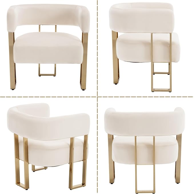Modern Barrel Accent Chairs Set of 2 Living Room Side Chairs with Golden Metal Legs Soft Velvet Upholstered Reading Armchairs for Bedroom/Reception Room/Lounge/Office Ivory