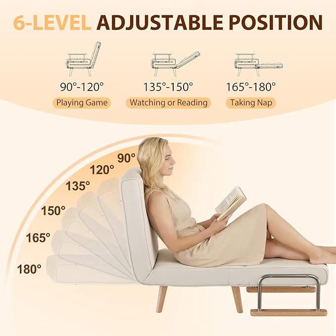 3 in 1 convertible sleeper sofa bed - Portable Rollaway Guest Bed Space-Saving Foldable Design for Easy Storage Futon Chair with 6-Level Adjustable Backrest for Guest Room Apartment Dorm Cream Beige