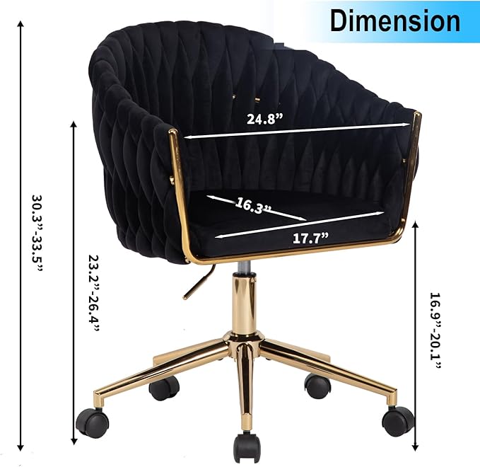 Velvet Office Chair with Hand Woven Black Vanity Chairs with Golden Wheels 360° Swivel Home Office Desk Chair Computer Chairs Accent Chair Makeup Chair for Bedroom Living Room(Black)