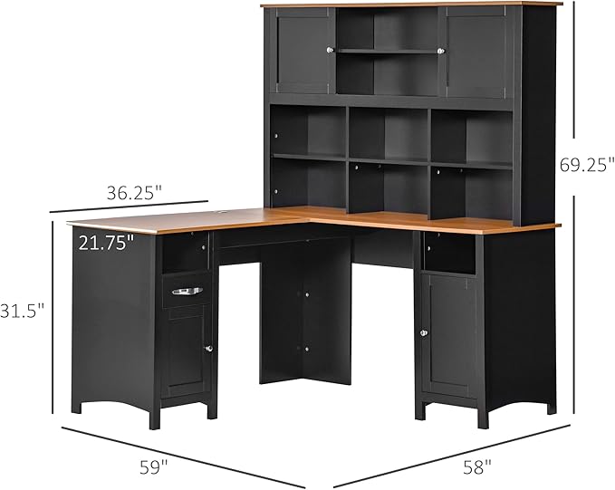 HOMCOM L Shaped Computer Desk with Hutch 59 Corner Desk Space Saving Home Office Desk with Storage Shelves Drawer and Cabinet Black