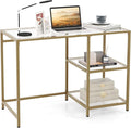 Tangkula Tempered Glass Computer Desk with 2-Tier Storage Shelves Modern Computer Workstation Vanity Makeup Table Sturdy Metal Frame Home Office Desk Student Writing Study Desk (Gold)