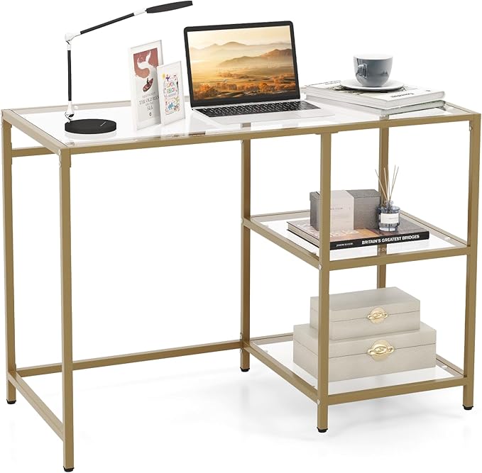 Tangkula Tempered Glass Computer Desk with 2-Tier Storage Shelves Modern Computer Workstation Vanity Makeup Table Sturdy Metal Frame Home Office Desk Student Writing Study Desk (Gold)
