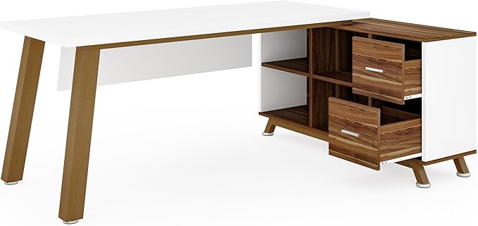 LITTLE TREE 70.8 Office Desk with 55 File Cabinet Combo L-Shaped Executive Desk with Storage Drawers &amp Shelves Wooden Home Office Desk Large Business Furniture White and Brown