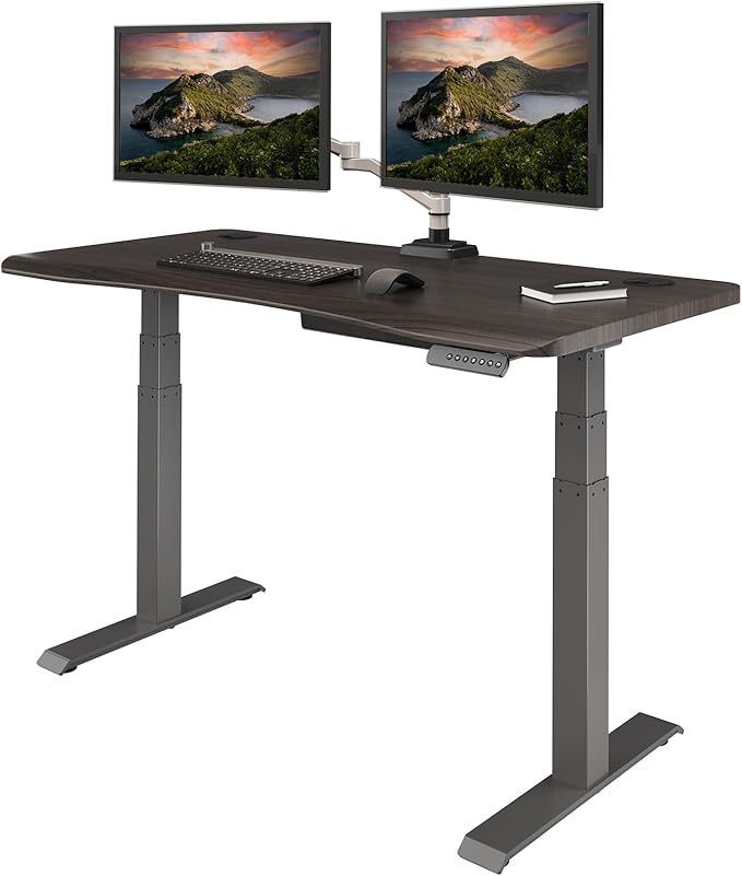Vari Ergo 54x26 Electric Standing Desk – Height Adjustable Sit Stand VariDesk + Curved Waterfall Edge 4 Memory Settings Quick Assembly Cable Management 200 lb Capacity – Espresso (2 Boxes)