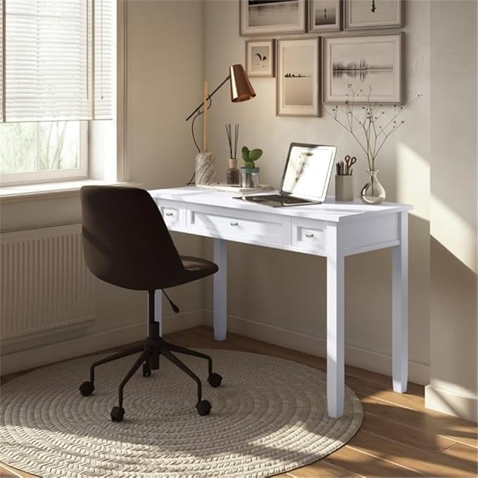 Pemberly Row Wood Transitional Writing Desk 48 in Wide Solid Wood White Finish Rustic Style with Storage Drawers Keyboard Tray Ideal for Home Office Living Room Bedroom or Condo Use