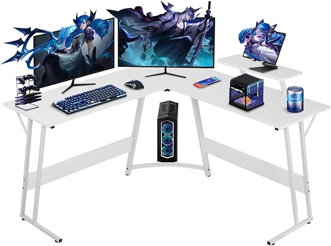 51 Inch L Shaped Gaming Desk Corner Computer Desk with Detachable Monitor Stand for Home Office Learning Gaming WorkstationWhite