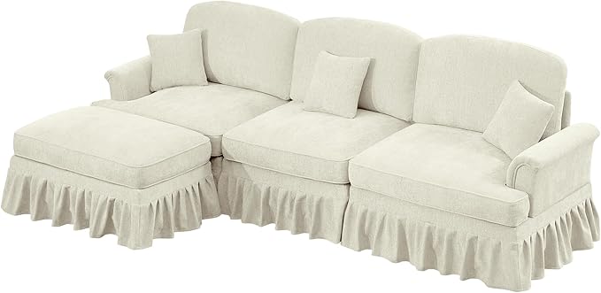 107.1 L-Shaped Modular Sectional Sofa 3-Seater with Ottoman Deep Seat Cloud Couch Chenille with Removable Pleated Skirt for Living Room Office (Beige White)