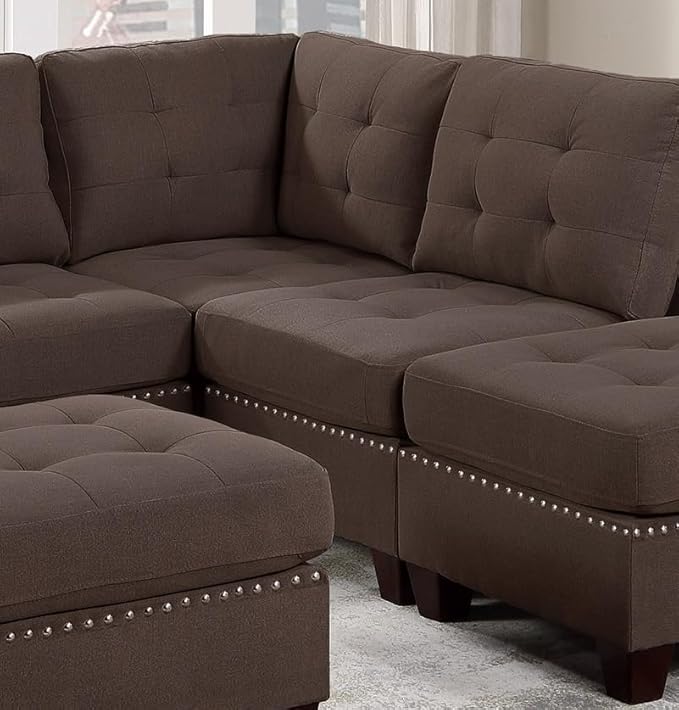 Living Room Furniture Tufted Armless Chair in Black Coffee Linen-Like Fabric Armless Cushion Chair with Nailheads and Wooden Legs
