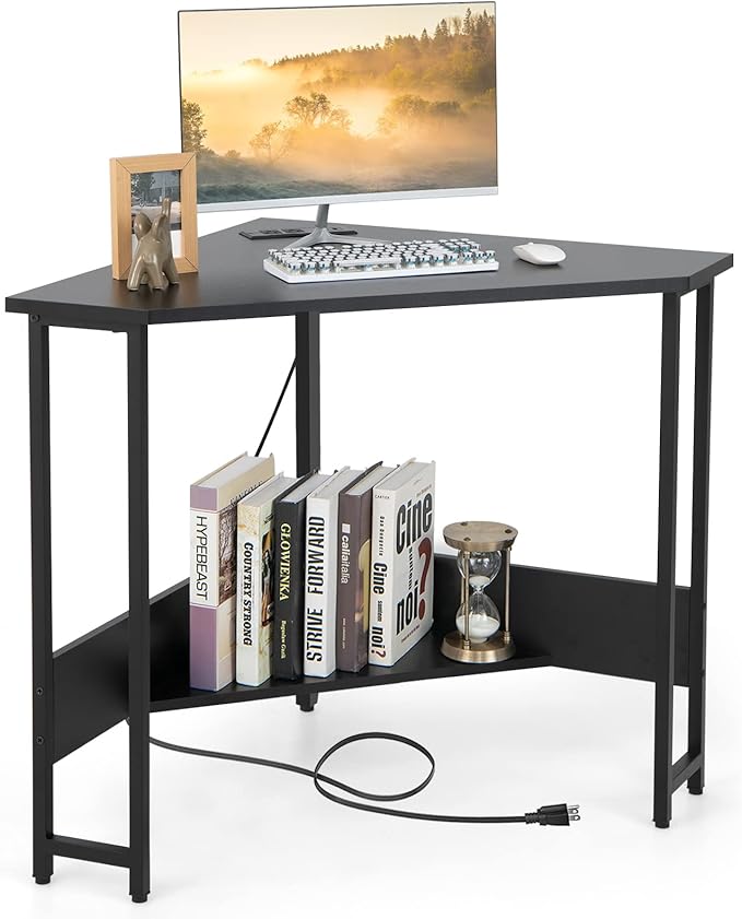 GOFLAME Corner Desk with Power Outlet Triangle Computer Desk for Small Space Space-Saving Writing Desk with Storage Shelf and Charging Station Modern Laptop PC Desk for Home Office Black