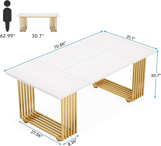 70.9-Inch Modern Office Desk White Wooden Executive Computer Table with Gold Metal Legs Large Home Office Workstation for Study or Small Conference Room