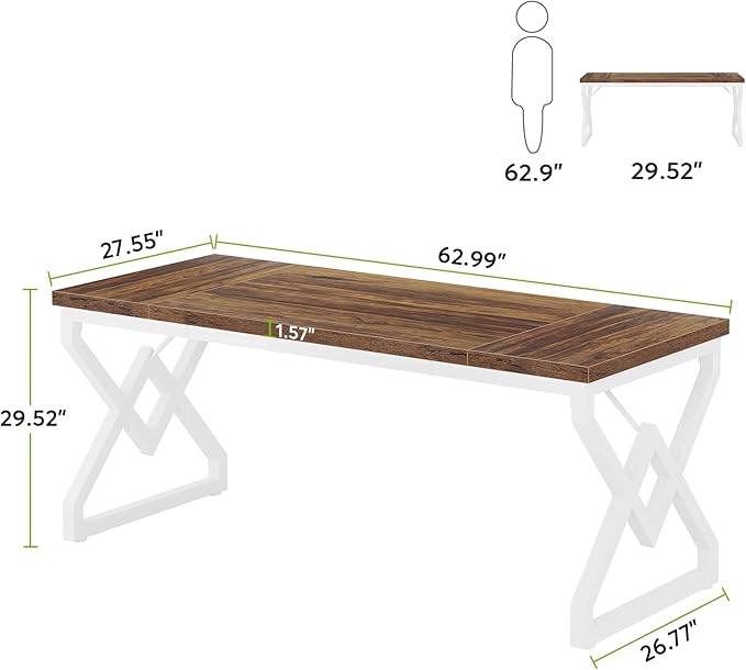 Tribesigns 63 Inch Executive Desk Large Office Desk with Metal Frame Ergonomic Writing Desk Computer Workstation Modern Wood Computer Desk for Home Office Easy Assembly (Brown+White)