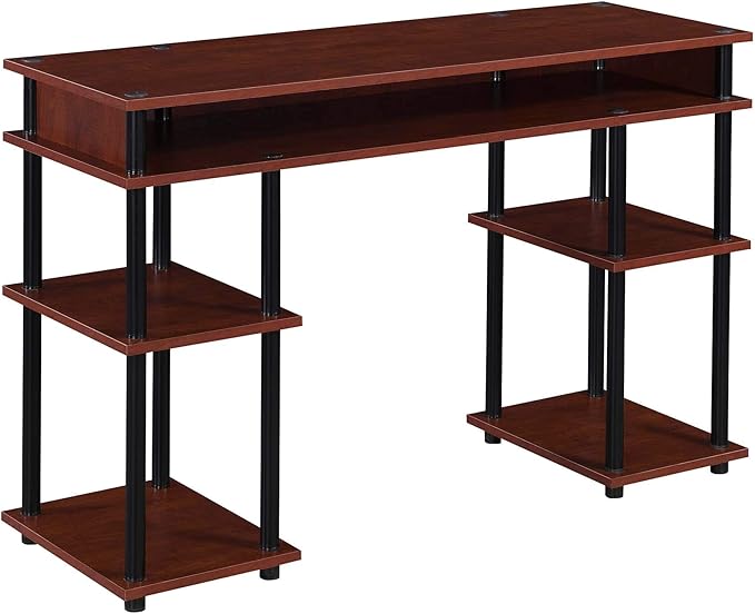 Pemberly Row No-Tools Student Desk Cherry Wood Finish 47.25 x 15.75 x 30 in Particleboard Shelves Black Powder-Coated Steel Poles Multiple Storage Shelves Easy Assembly Home Office or Dorm Desk