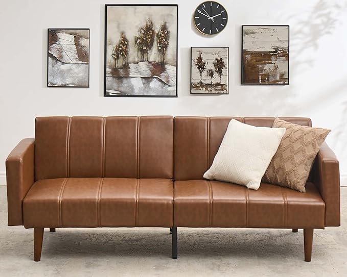 GarveeHome 75 in Futon Sofa Bed Mid-Century Futon Couch PU Leathe Convertible Sleeper Couch with Adjustable Backrest Loveseat and Side Pockets for Living Room &amp Bedroom (Coffee)