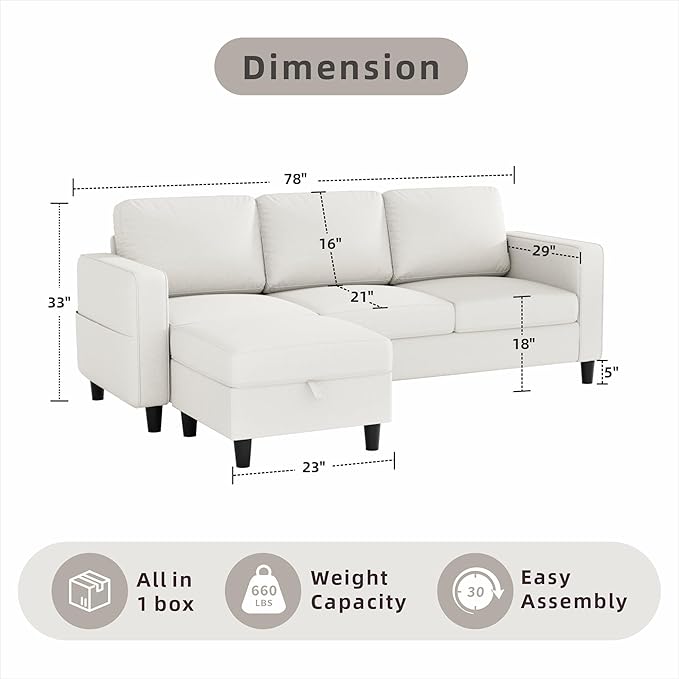 Sectional Sofa and Couches for Living Room 78'' Beige 3 Seat L-Shaped Couch with Movable Ottoman Comfy Linen Convertible Sectionals Sofas with Chaise for Apartment Dorm Small Space