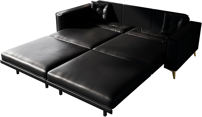 KEIKI 92.1 King Size Pull Out Sofa Bed 3-in-1 Faux Leather Convertible Sleeper Clouch with 2 Pillows 4-Seater Sofa Bed for Living Room Apartment Office Black