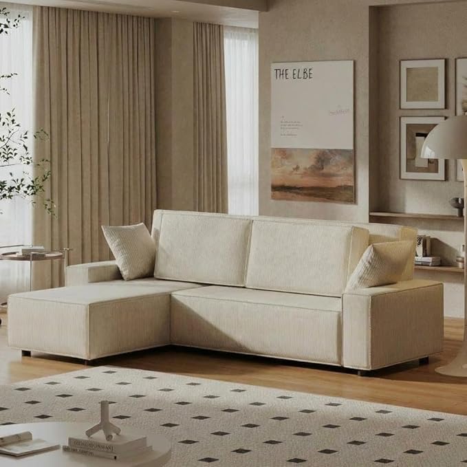 GAOMON Fine Stripe Corduroy Sectional Sofa l Shaped Modern Corduroy Couch Comfy Sofa Couch with Deep Chaise for Living Room Apartment Hotel 96 w*61 d*32 h Beige