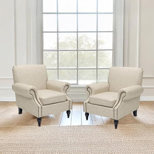 Accent Chair22.4 Seat Depth Living Room Chair36.6W*34.3D*34.6H Armchair with Roll Arms and Wood LegsSet of 2Faux Leather in Khaki