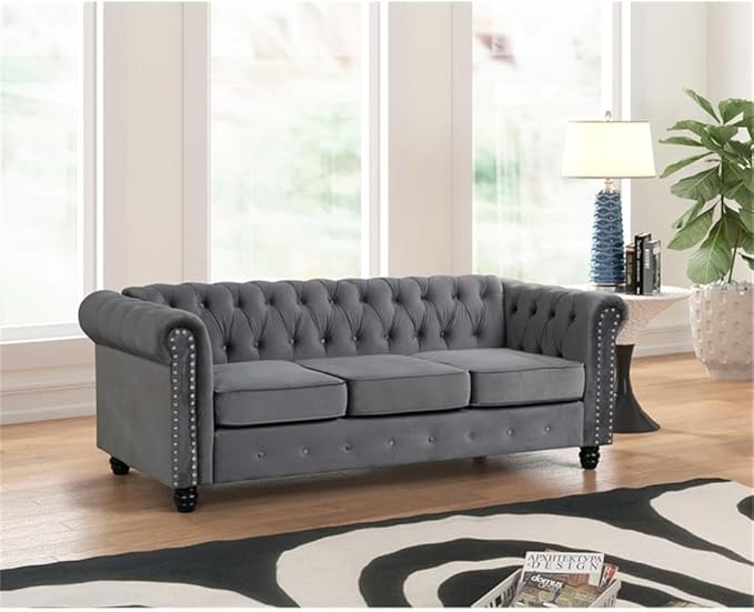 Chesterfield Button Tufted Velvet Fabric Livingroom Sofa-Gray