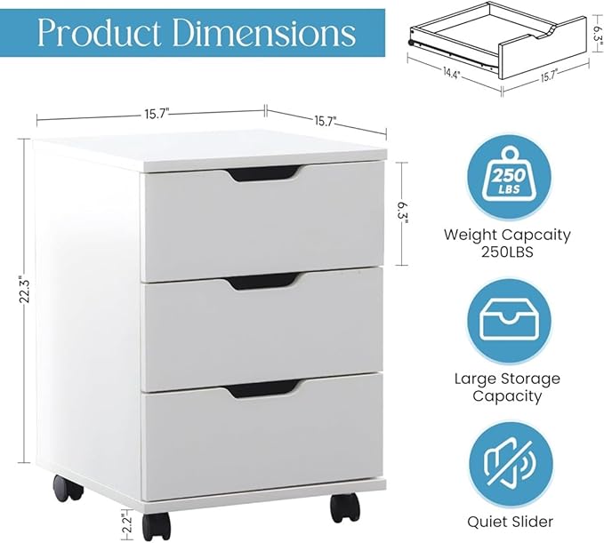 Hassyee Compact Design 3-Drawer Vertical Filing Cabinet with Four Casters Home Office Mobile File Cabinets with Large Capacity Storage Simple Assembly (White)
