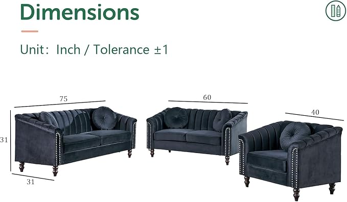 Chesterfield Sofa Set Luxurious Velvet Chesterfield Settee Couch Set with Sofa Loveseat ChairUpholstered Rolled Arm with Rivets/5 Button Tufted Pillow Modern Sofa Living Room SetBlack