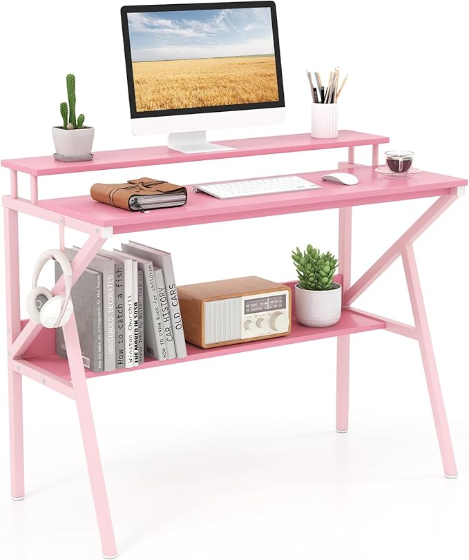 Giantex Small Desk with Storage Compact Computer Desk for Small Spaces with Monitor Stand Metal Frame &amp Earphone Hook Laptop PC Table Modern Writing Desk for Home Office Bedroom (Pink)