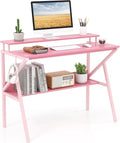 Giantex Small Desk with Storage Compact Computer Desk for Small Spaces with Monitor Stand Metal Frame &amp Earphone Hook Laptop PC Table Modern Writing Desk for Home Office Bedroom (Pink)