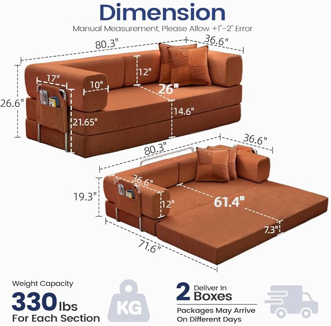 Folding Sofa Bed Convertable Corduroy Couch King Size Floor Sleeper 4-in-1 DIY Combination Modular Sofa Fold Out Futon Lounge Comfy Foldable Lazy cama for Living Room