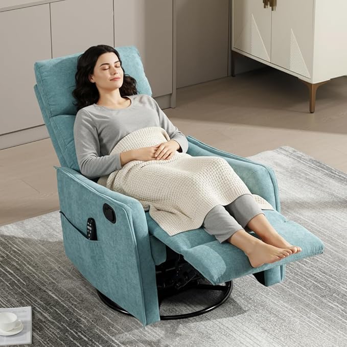 PELUMY 360 Swivel Rocking Recliner Chair for Adults Nursery Rocking Chair with Heat and Massage Glider Reclining Chair for Small Space Living Room Bedroom (Teal)