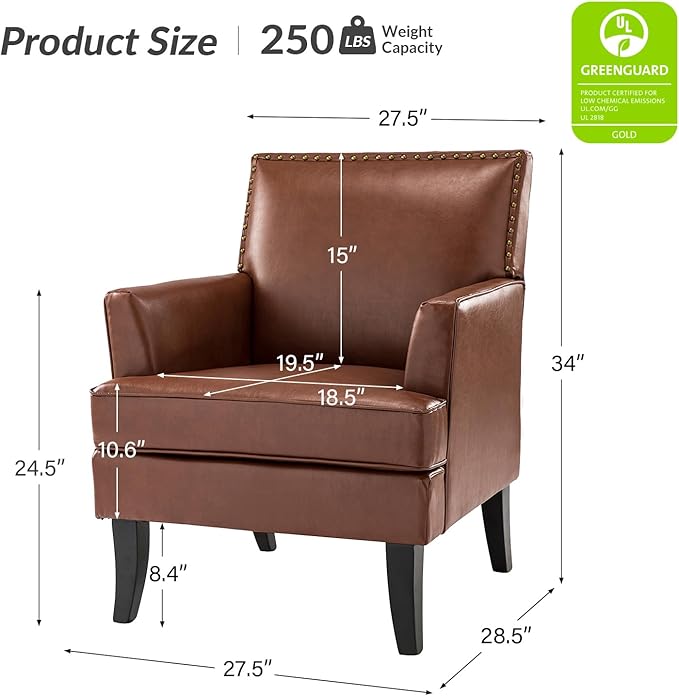 HULALA HOME Modern Faux Leather Accent Chair Comfy Upholstered Sofa Chair with Nailhead Trim Living Room Bedroom Armchair with Wood Legs Brown