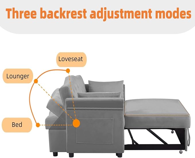 57-Inch Velvet Full Size Sleeper Sofa Couch with Pullout BedConvertible Pull Out with Golden Decorative Strip and Adjustable Backrest for Small SpacesApartment Guest Room RV (Grey)