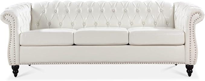 GDFStudio 85 Tufted Button Chesterfield Sofa with Deep Seat Cushions Rolled Arms &amp Gold Accent Strip 3-Seater Midcentury Modern Sofa for Living Room Classic Couch Furniture White + PU